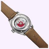 The back of an Oris Watches Big Crown Pointer Date with a tan leather strap, showing the automatic movement through a clear case back and an embossed beetle on the strap.