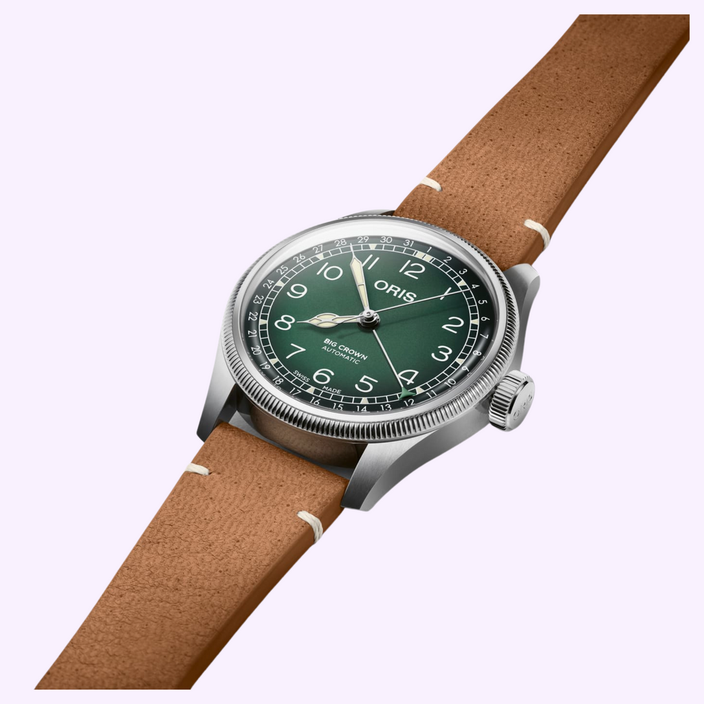Oris Big Crown Pointer Date x Cervo Volante 38 mm with green dial, white numerals and tan deer leather strap