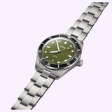 Oris Watches Divers Date with an olive green dial, black rotating bezel, and silver-tone metal link bracelet.
