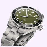 Oris Watches Divers Date with an olive green dial, black rotating bezel, and stainless steel link bracelet.