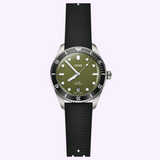 An Oris Watches Divers Date watch with an olive green dial, black rotating bezel, and a black rubber strap.