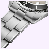 Close-up of a stainless steel watch bracelet attached to the lugs of an Oris Watches Divers Date with a black rotating bezel.