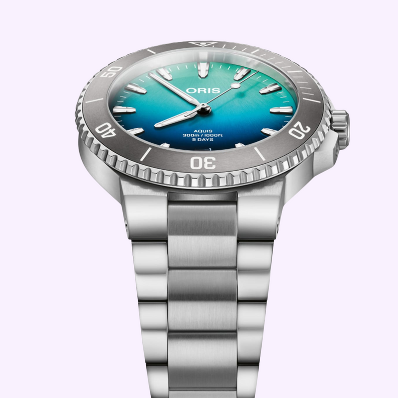 Oris Aquis Great Barrier Reef Limited Edition IV diver watch with 300 meter water resistance and stainless bracelet