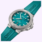 Oris Watches New York Harbor Limited Edition II watch with a teal mother-of-pearl dial, silver-tone bezel, and teal rubber strap.