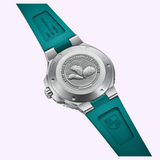 Back view of an Oris Watches New York Harbor Limited Edition II with a teal rubber strap, showing an engraved case back featuring three oysters and the text New York Harbor Limited Edition II.