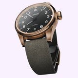 Oris Watches ProPilot Bronze watch featuring a black dial with Arabic numerals and a grey suede strap.