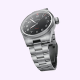 Oris Watches ProPilot Date aviation-inspired wristwatch featuring a black dial, white numerals, and a stainless steel link bracelet.