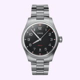 Oris Watches ProPilot Date aviation-inspired analog wristwatch featuring a black dial, white Arabic numerals, and a silver-tone metal link bracelet.