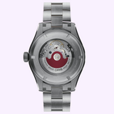 Back view of an Oris Watches ProPilot Date, featuring a stainless steel exhibition case back that reveals the internal mechanical movement and its red rotor.