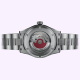 Back view of an Oris Watches ProPilot Date stainless steel wristwatch, showcasing a visible mechanical movement and a signature red rotor.