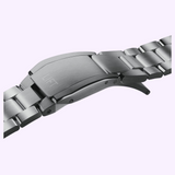 Metallic Oris Watches ProPilot Date bracelet with a deployant clasp engraved with the word LIFT.