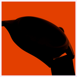 Silhouette of an aviation-inspired Oris Watches ProPilot Date wristwatch with a coin-edge bezel against a bright orange background.