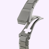 Metal bracelet for the Oris Watches ProPilot X Gonzo Edition shown with its deployment clasp in the open position, featuring the word LIFT engraved on the buckle.
