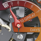 Oris Watches ProPilot X Gonzo Edition dial with a chili-shaped hand pointing to a scale reading 10 GREAT DAYS over an exposed mechanical movement.