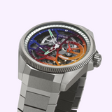 Oris Watches ProPilot X Gonzo Edition skeleton watch with a multi-colored, rainbow-gradient dial and metallic link bracelet.