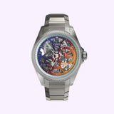 Oris Watches ProPilot X Gonzo Edition skeleton watch with a metallic link band and a colorful, multi-hued dial featuring a visible gear movement.