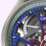 Close-up of the Oris Watches ProPilot X Gonzo Edition dial with a skeletonized, gradient blue-to-purple frame, silver gear components, and a ribbed metallic bezel.