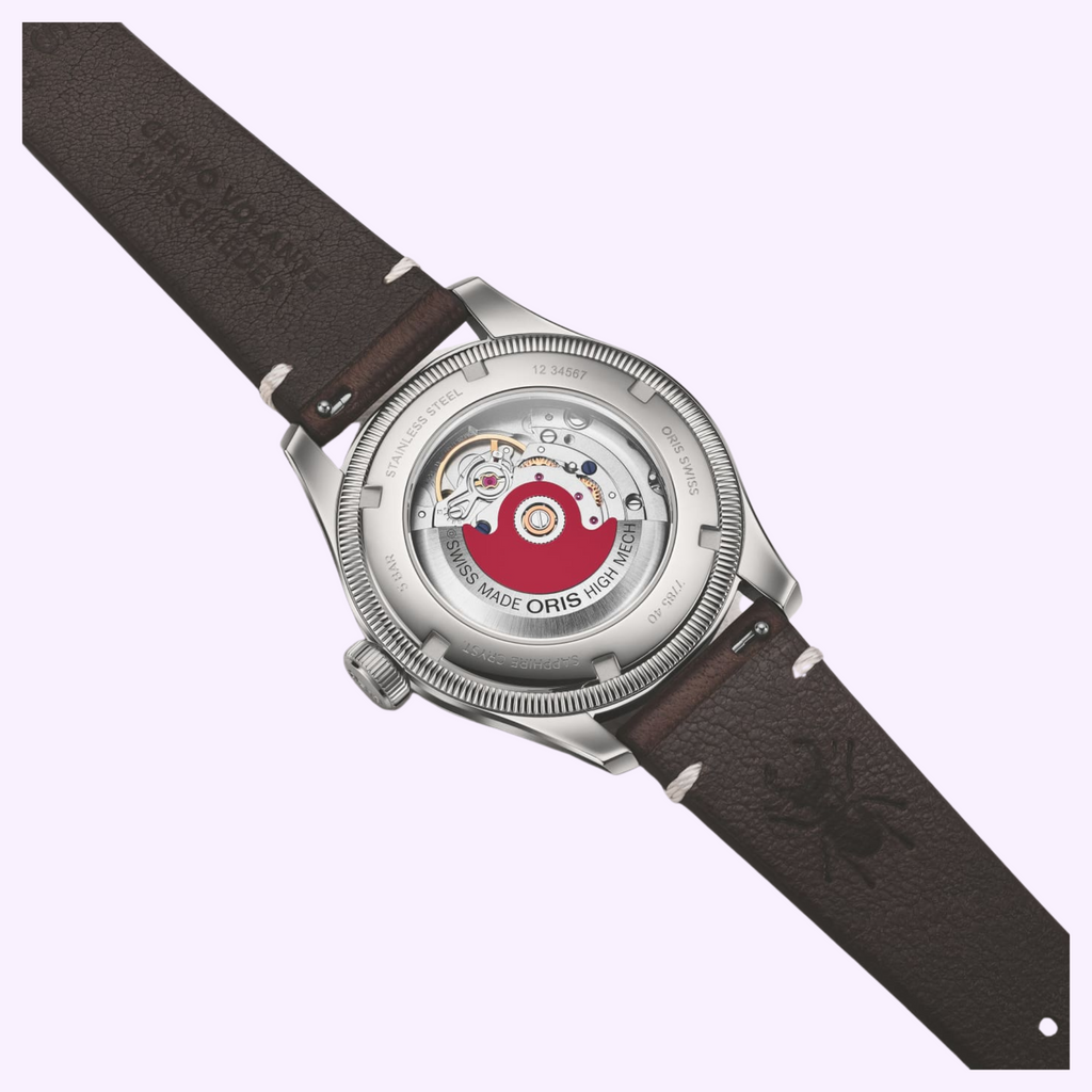 Back of the Oris Big Crown Pointer Date x Cervo Volante with dark brown strap and exhibition caseback with red rotor