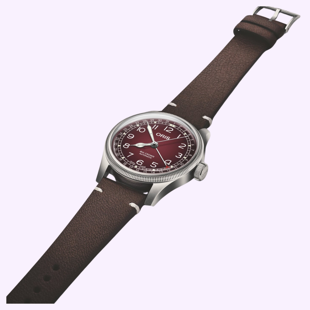 Oris Big Crown Pointer Date x Cervo Volante with burgundy dial and brown Swiss deer leather strap