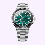 Oris Watches Yangtze Jiangtun Limited Edition stainless steel dive watch with a green wavy-patterned dial, black rotating bezel, and metal link bracelet.