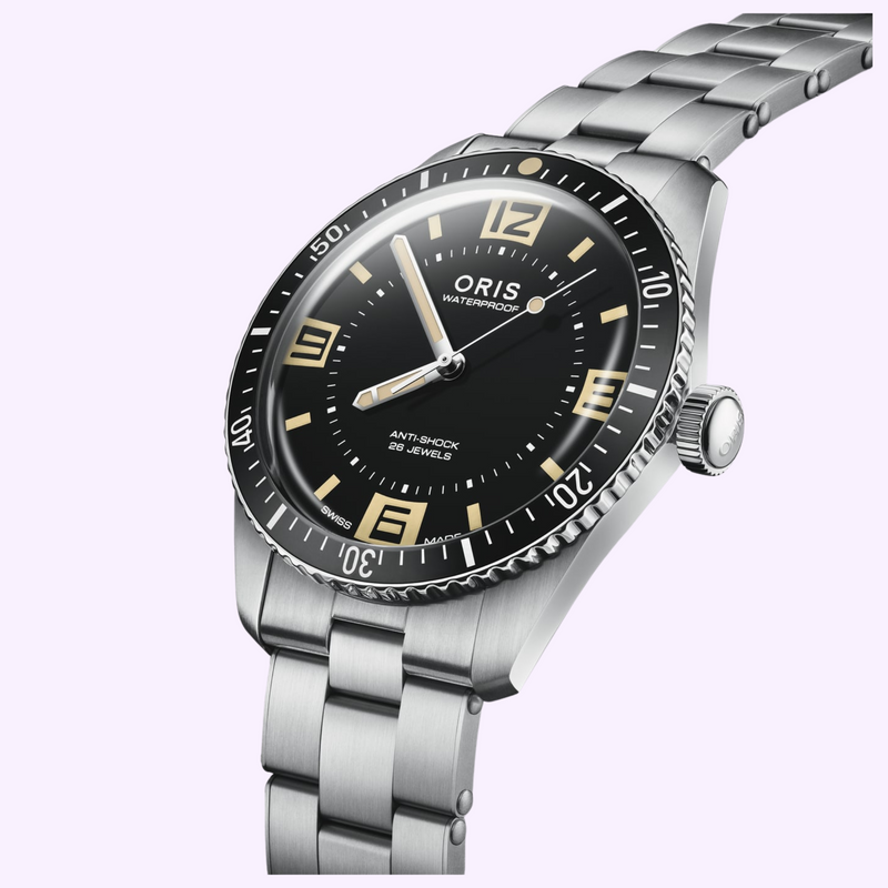 Oris Divers 60th Anniversary Edition vintage black dial with luminous numerals, retro Oris logo and stainless steel case