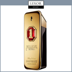 A gold rectangular bottle with a red emblem and "1 Million Royal" label showcases PACO ONE MILLION ROYAL PARFUM 3.4 EDP Men by Paco Rabanne Perfumes, displayed under the LEXOR MIAMI logo on a light blue background.