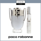 The Paco Rabanne Invictus 2PC Travel Set For Men features a trophy-shaped bottle and slim spray by Paco Rabanne Perfumes, displayed on a white background with “LEXOR MIAMI” above and “paco rabanne” below.