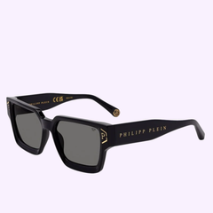 The PHILIPP PLEIN Sunglasses SPP005V57700V feature a black rectangular frame with thick arms adorned with gold Philipp Plein Sunglasses branding and dark lenses, displayed on a light purple background.