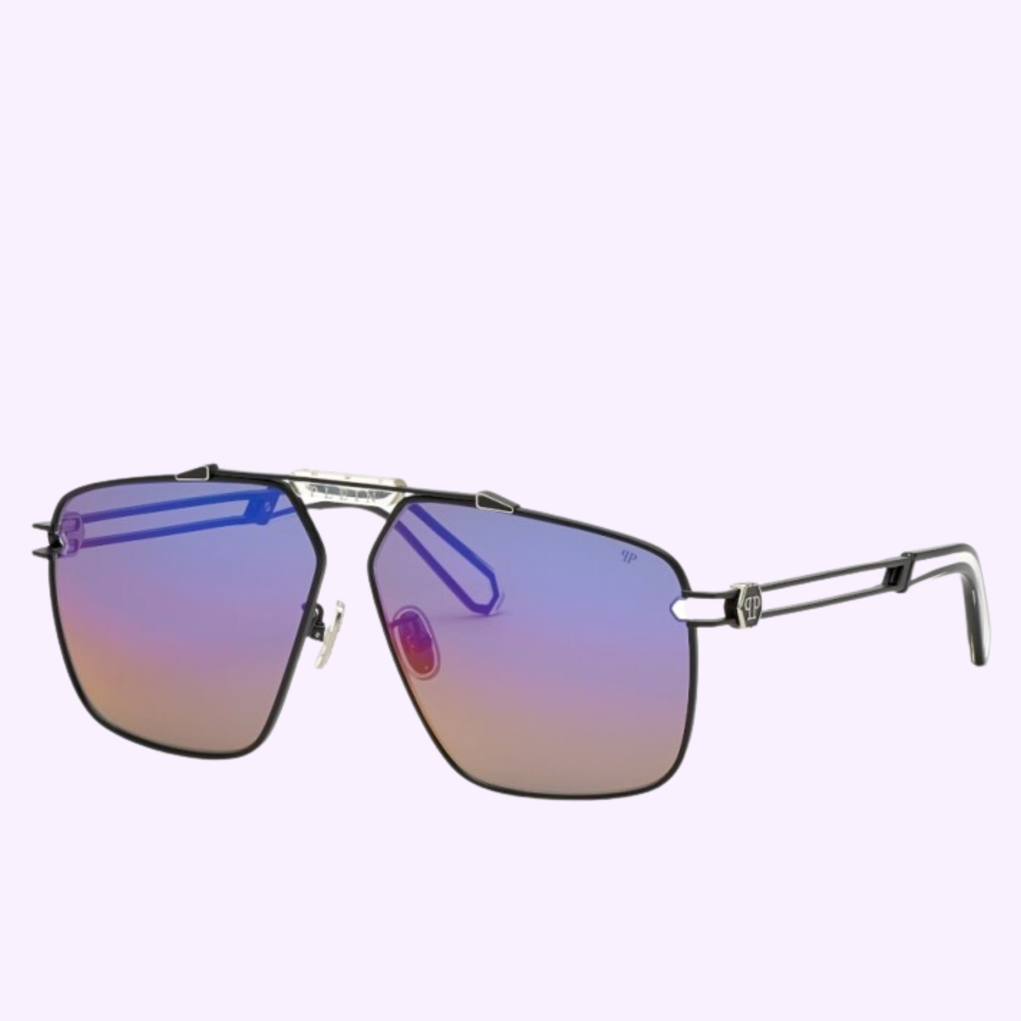 PHILIPP PLEIN Sunglasses SPP049M630541 feature geometric thin silver metal frames and gradient lenses fading from purple to orange, displayed against a plain light background. Brand: Philipp Plein Sunglasses.