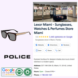 Collage featuring Lexor Miami sunglasses store information, a pair of metal frame Police SPLF12 0722 55 Women Sunglasses, the Police Sunglasses brand logo, Police women’s sunglasses, and Google review ratings with the store’s address, phone number, and hours.