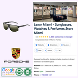 Porsche Design P8915-C-6904-145-V745-E63 unisex sunglasses with dark lenses and grey frames shown next to a storefront interior, store contact information, and a brand logo.