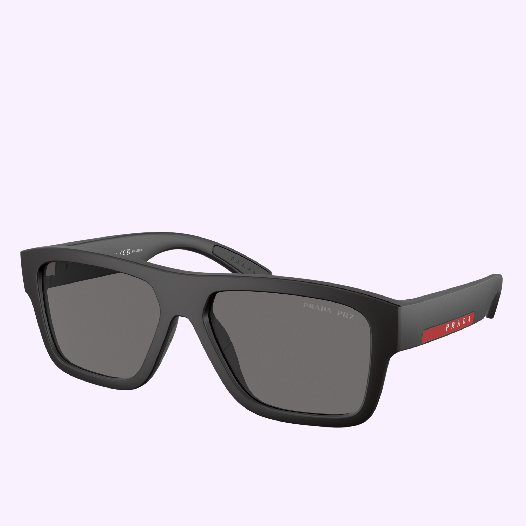 PRADA Linea Rossa Sunglasses 0PS 04ZS DG002G56 by Prada Sunglasses feature a black rectangular mask-shaped lens and red Prada logo on the temple, displayed on a light purple background.