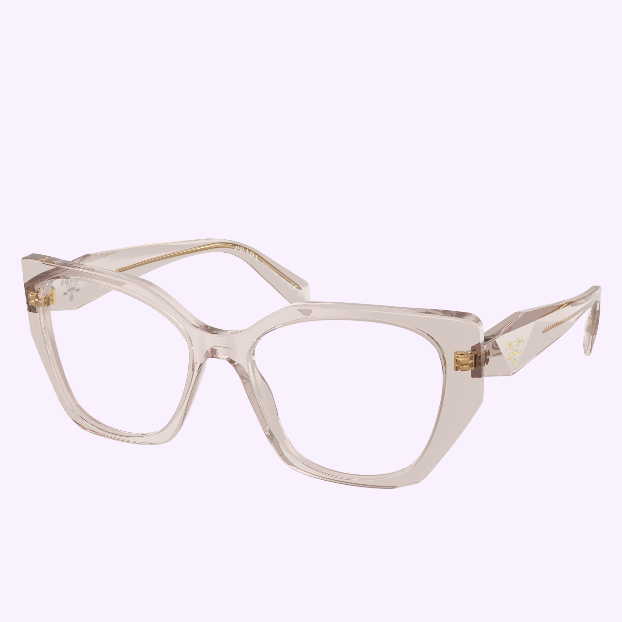 The PRADA Optical Frames 0PR 18WV 29D1O152 by Prada Sunglasses feature clear, oversized geometric frames with gold temple detailing, offering a modern look against a light purple background.