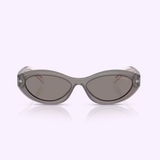 Prada Sunglasses 0PR 26ZS 20F80Q55 in gray feature a modern cat-eye silhouette with dark lenses, shown from the front against a light backdrop. The subtly translucent frame and sporty, stylish design are inspired by Prada Linea Rossa eyewear.