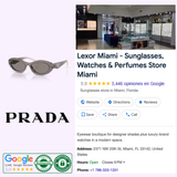 Collage featuring Prada Sunglasses 0PR 26ZS 20F80Q55, the Prada Sunglasses logo, and Lexor Miami’s Google listing with store interior, contact info, ratings, open hours, and certification badges. Showcasing the iconic Prada Linea Rossa 0PR 26ZS for a sporty and contemporary style statement.