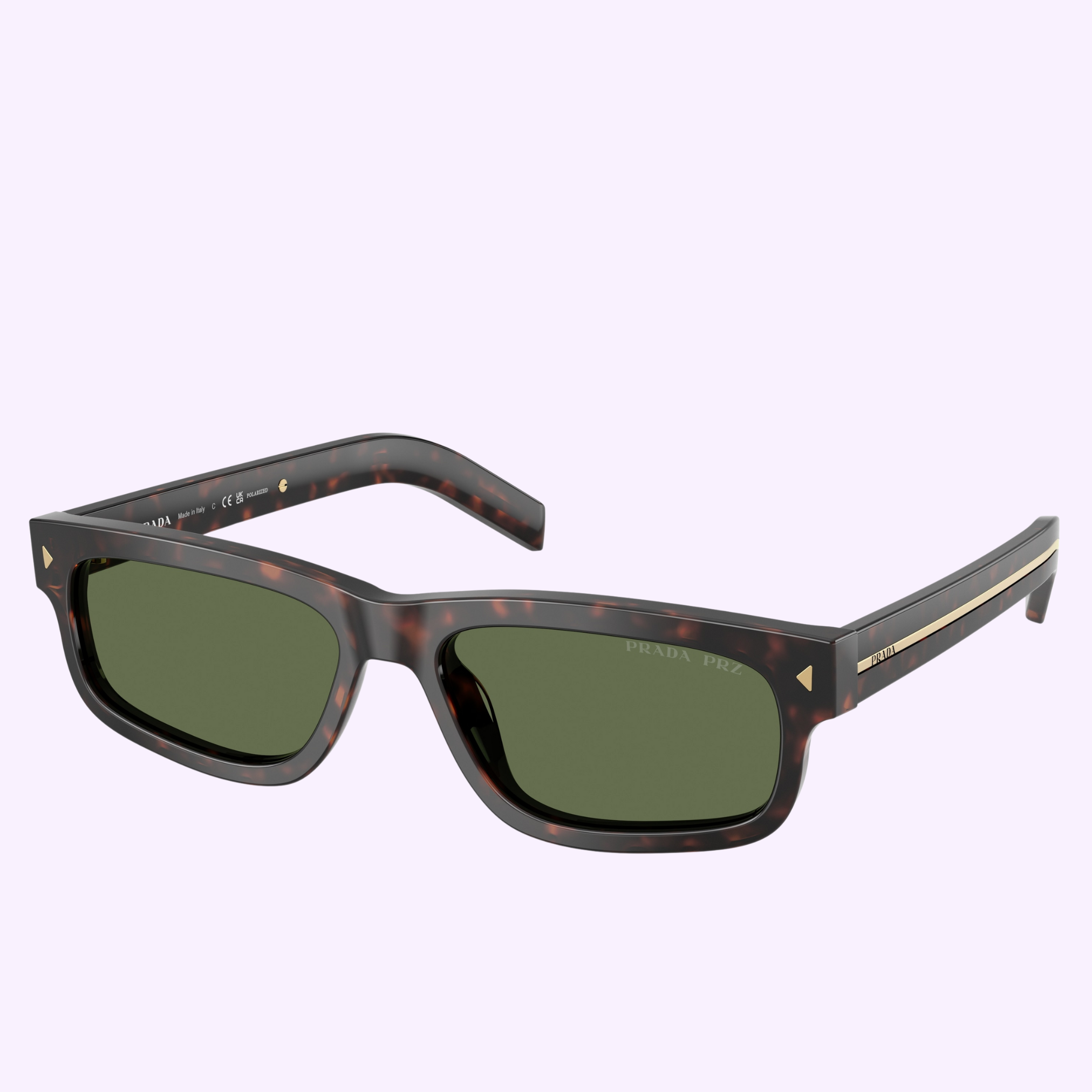 PRADA Sunglasses 0PR B11SF 17N20G57 feature a rectangular tortoiseshell frame, dark green lenses, and thick arms with gold accents and PRADA branding for a luxe look. Shown on a light purple background.