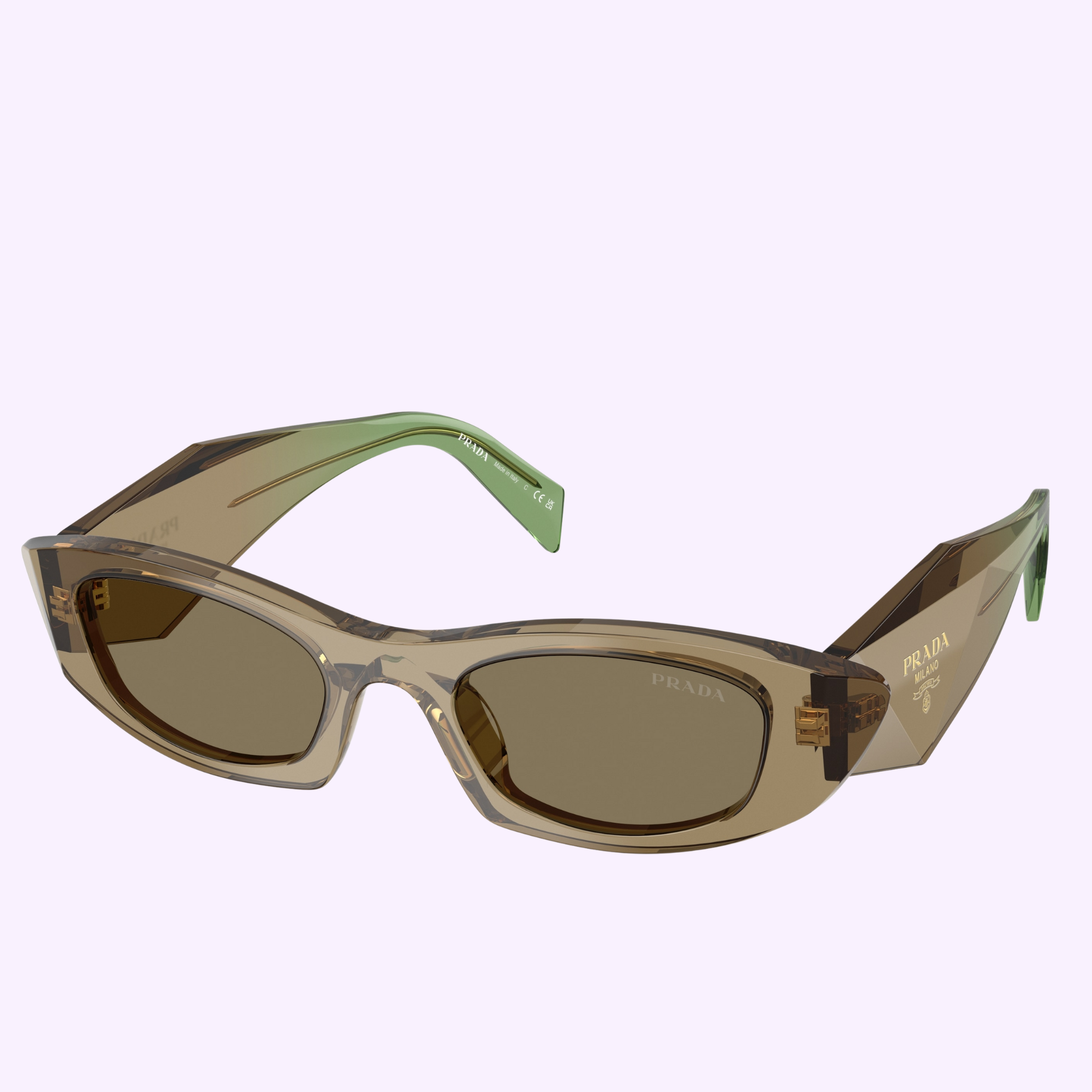 PRADA Sunglasses 0PR B16S 29E90F50 feature oval lenses, thick translucent brown frames, and green inner temple arms. Prada branding appears on the temples. Displayed on a light purple background, these sporty sunglasses add style to any look.