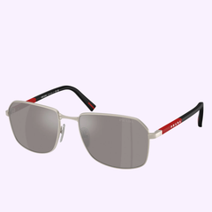 The PRADA Sunglasses 0PS A51S 18X80I57 feature a silver frame, rectangular gray-tinted lenses, black arms with red hinge accents, and the Prada Linea Rossa logo. Displayed against a pale lavender background.