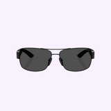Black aviator-style PRADA Sunglasses 0PS B52S 1AB06F65 feature dark lenses and a thin metal frame, set against a light purple background—ideal for those wanting bold Prada Sunglasses style.