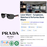 A collage featuring PRADA Sunglasses 0PS B52S 1AB06F65, the Prada Sunglasses logo, sporty styles from Prada Linea Rossa, and a Google listing for Lexor Miami boutique with store details and ratings.