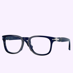 Dark blue, square-frame Persol Optical Frames 0PO8003V 181 52 featuring signature metal arrow-shaped hinges.
