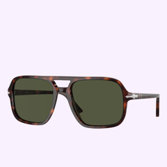 Persol Sunglasses 0PO3328S 24/31 58 Havana Man feature a classic tortoiseshell frame with rectangular green lenses, a keyhole bridge, and signature silver accents on the temples, presented against a simple light background—an iconic style from Persol Sunglasses for the modern Havana Man.