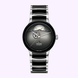 The Rado Watches R30012152 Centrix Automatic Open Heart features a black and silver metal band, dark gradient dial, open mechanism at 12 o’clock, and offers an impressive 80-hour power reserve.