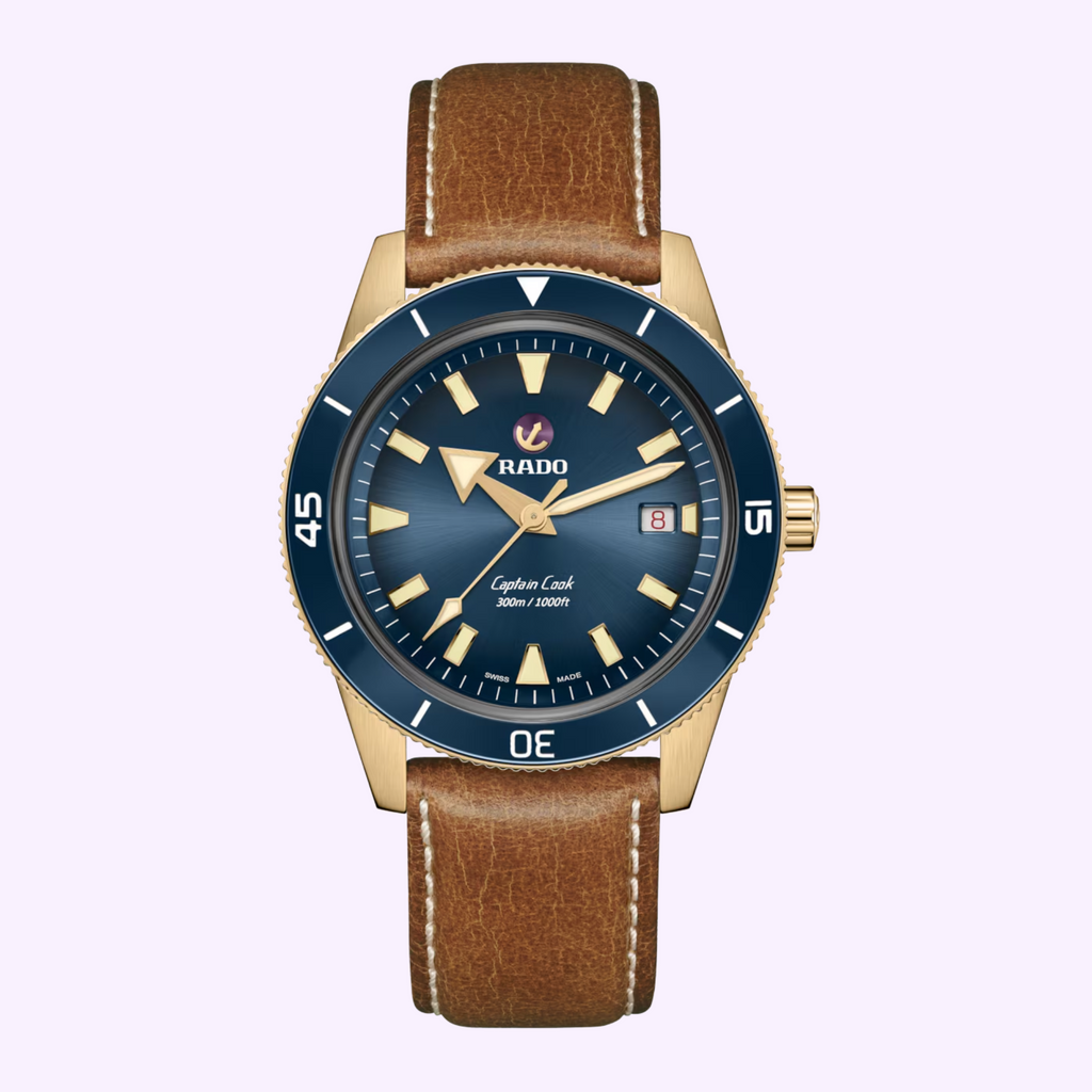 Rado Captain Cook Bronze Limited Edition R32504208 with brushed bronze case, blue sunray dial, blue ceramic bezel and brown leather strap