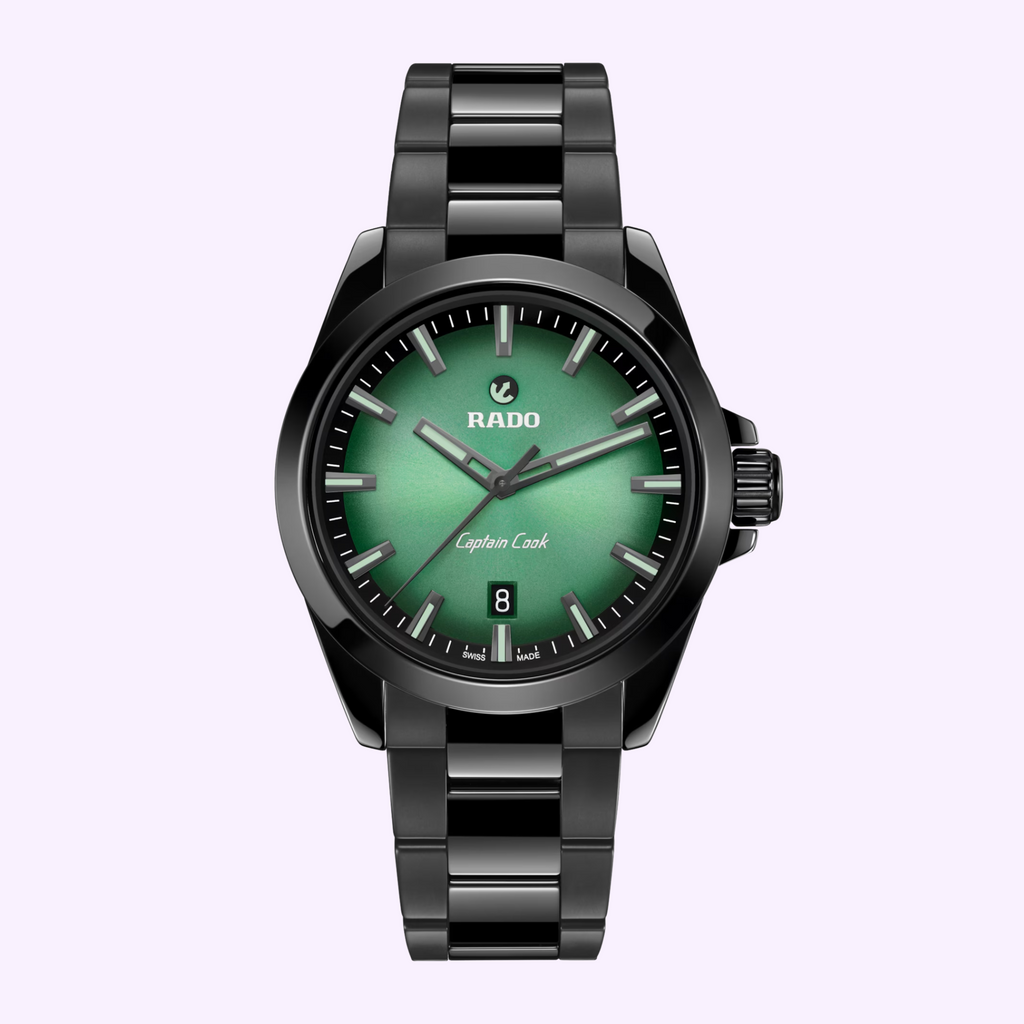 Rado Captain Cook Discover R32279312 in black high-tech ceramic with black-to-green gradient sunray dial and ceramic bracelet