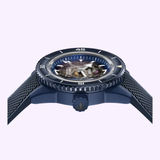The Rado Watches Captain Cook High-Tech Ceramic Skeleton R32153209 features a navy blue ceramic case, textured rubber strap, open-heart skeleton dial, rotating bezel with minute markers, and a screw-down crown.