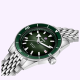 Rado Watches Captain Cook R32223313 automatic watch with a dark green dial, rotating ceramic bezel, silver-tone hands, and a multi-link stainless steel bracelet.