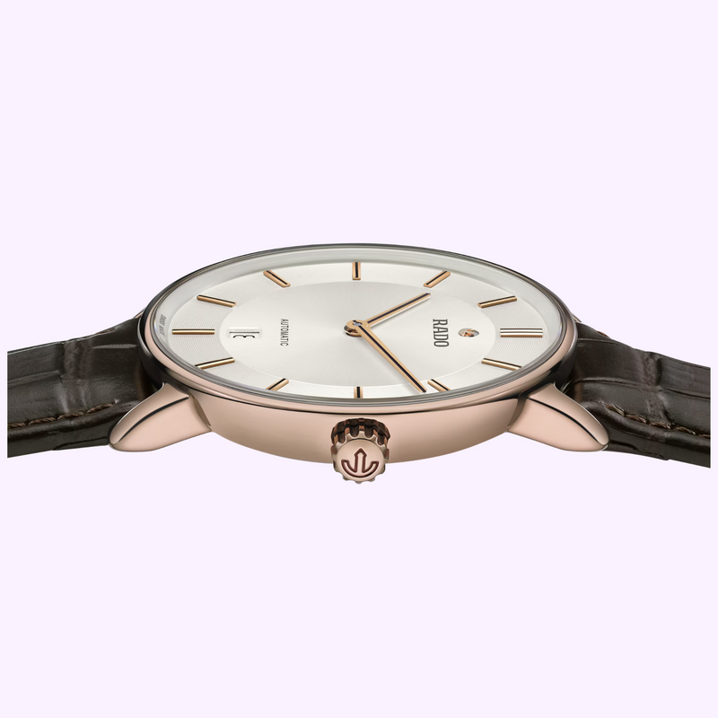 Side view of the Rado DiaMaster Thinline Automatic R14068036 rose-gold-colored Ceramos case and brown leather strap