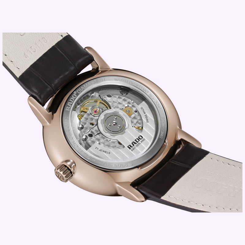 Transparent sapphire case back of the Rado DiaMaster Thinline Automatic R14068036 showing the R766 automatic movement