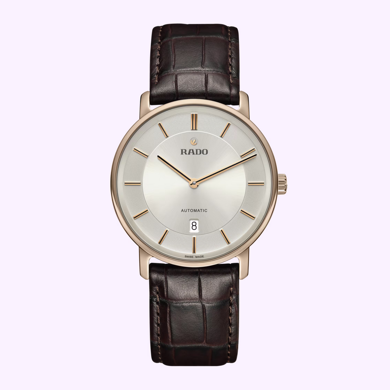 Rado DiaMaster Thinline Automatic R14068036 with silver dial, rose-gold-colored Ceramos case and brown leather strap at Lexor Miami